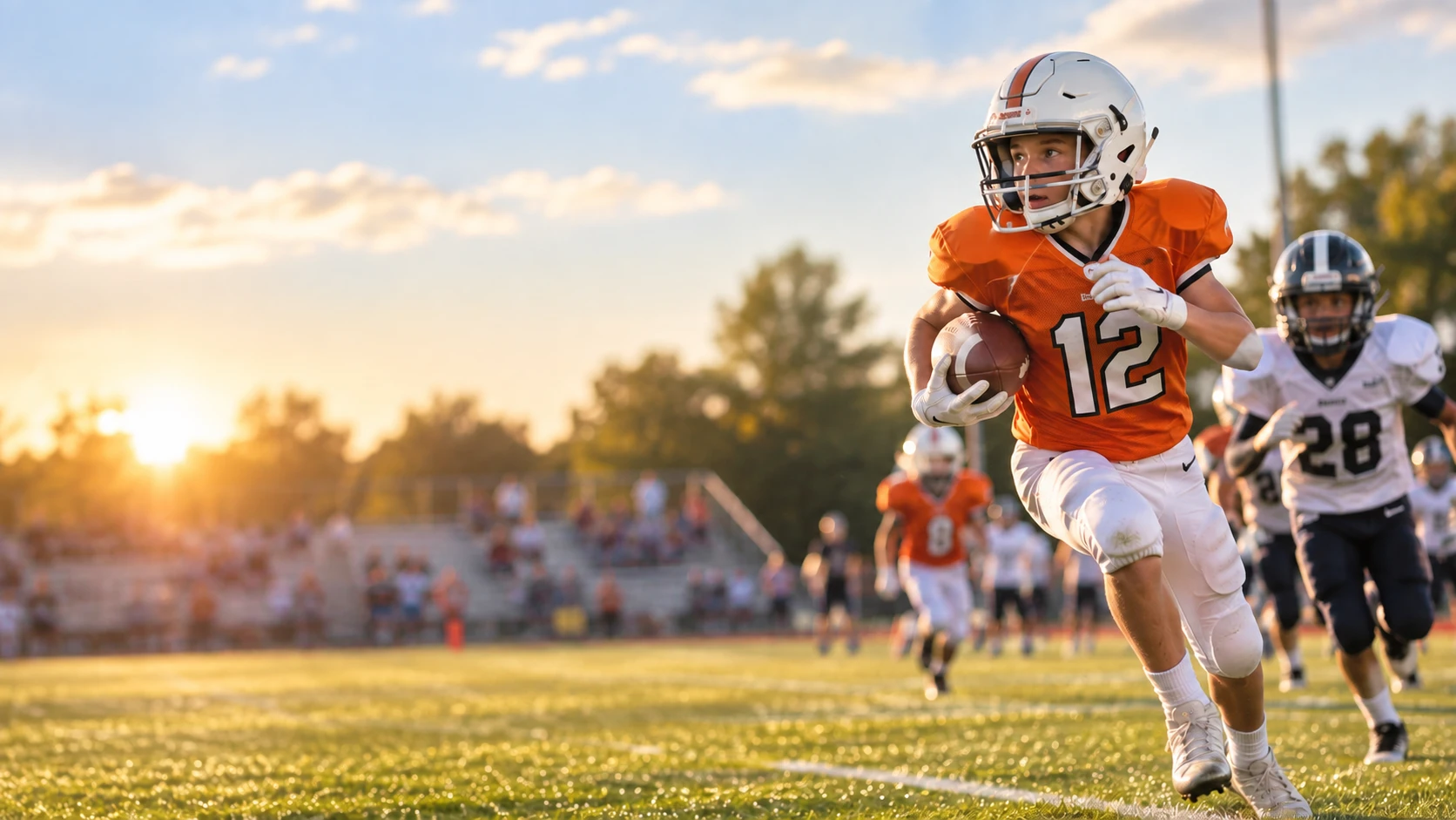 A youth football player in an orange jersey runs the ball down the field at golden hour, teammates and families in the stands behind